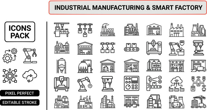 Industrial Manufacturing and Smart Factory outline icon set. Featuring assembly line, robotic arm, production, automation, and IoT symbols. Editable stroke vector icons for industry 4.0.