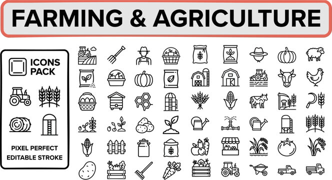 Farming and Agriculture outline icon set. Featuring tractor, crop, harvest, wheat, and farmer symbols. Editable stroke vector icons for rural agriculture and organic food business design.