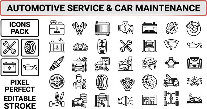 Automotive Service and Car Maintenance outline icon set. Featuring engine, tire, oil change, brake, and mechanic symbols. Editable stroke vector icons for garage workshop and auto repair.