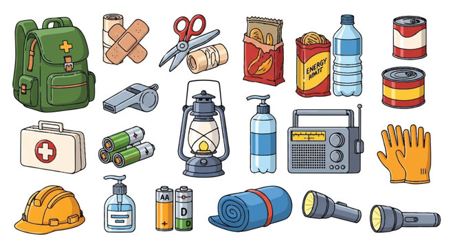 Assortment of survival and emergency preparedness gear and supplies with first aid kit water bottle hard hat hand sanitizer rolled blanket