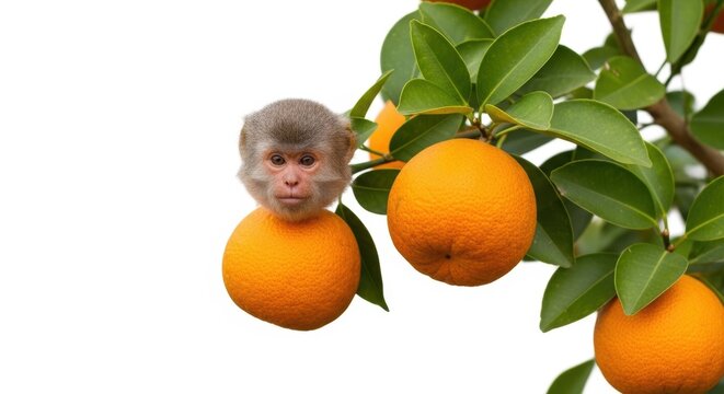 Surreal monkey head on orange fruit, creative primate concept on citrus tree branch, whimsical animal and fruit fusion on white background