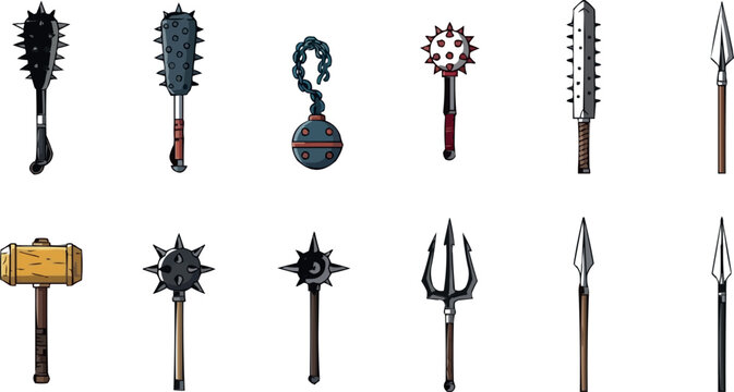 Medieval fantasy weapon collection with maces spears hammer and spiked battle tools isolated vector illustration set