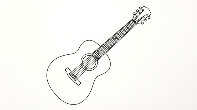 Minimal line drawing of acoustic guitar, showing body, sound hole, bridge, strings, neck, frets, and headstock with tuning pegs, clean black lines on white background, simple educational and artistic 