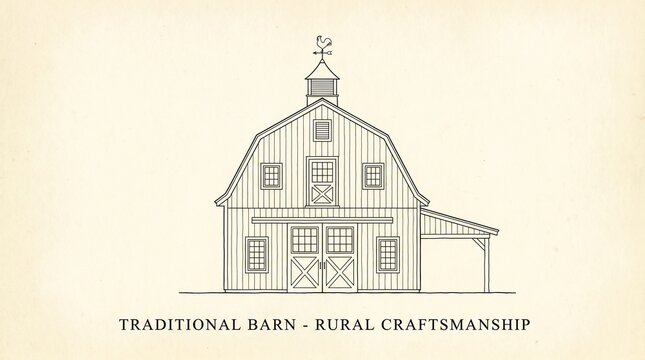Traditional barn line drawing with symmetrical design, central double doors, windows above and on sides, cupola topped with weather vane, side lean-to extension, text &ldquo;TRADITIONAL BARN &ndash; RURAL CRAFTSM