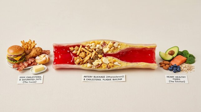 creative concept of artery blockage using food items, cholesterol health risk, plain background, symbolic medical idea