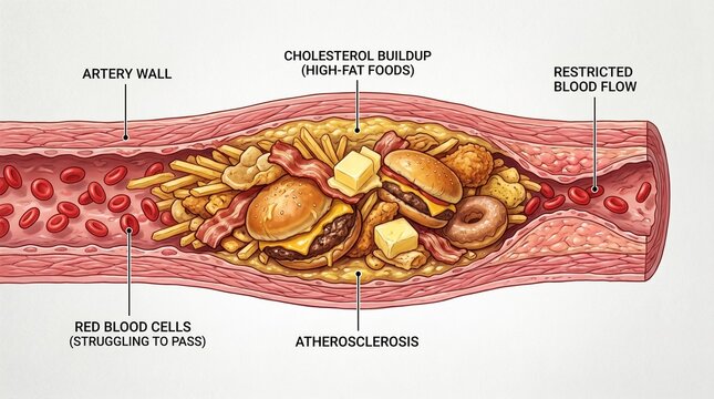 creative concept of artery blockage using food items  cholesterol health risk  plain background  symbolic medical idea