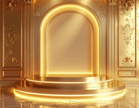 A luxurious golden stage with an arched backdrop and ornate detailing creates a sophisticated and opulent setting, perfect for awards ceremonies or product showcases.