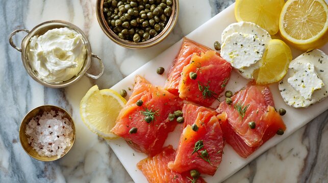 Elegant brunch composition featuring smoked salmon platter, cream cheese, capers, and lemon wedges, arranged on a marble surface, top-down layout, refined styling
