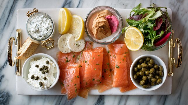 Elegant brunch composition featuring smoked salmon platter, cream cheese, capers, and lemon wedges, arranged on a marble surface, top-down layout, refined styling