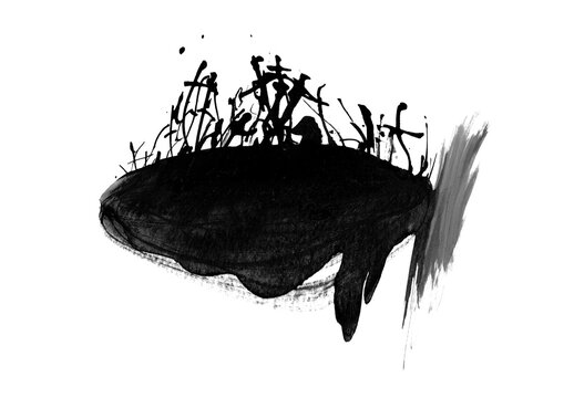 Monochrome sumi ink drawing on paper of an abstract form evoking the chaos of war with a dense mass and sharp lines, horizontal format