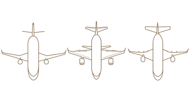 Three overhead outline depictions of aircraft. Brown lines on a white background depict plane anatomy