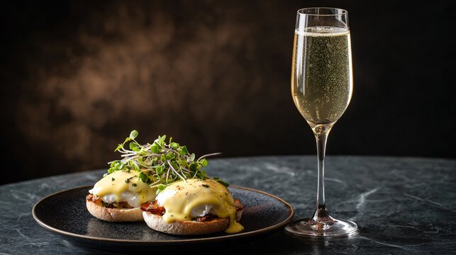 Elegant brunch scene with a crystal glass of champagne beside a perfectly plated eggs benedict topped with hollandaise sauce and microgreens, placed on a dark stone background
