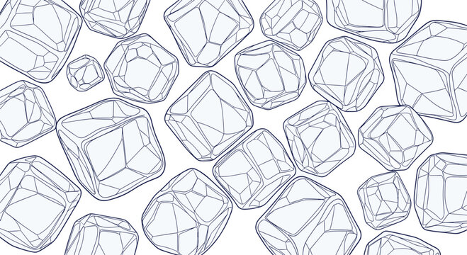 Detailed line art pattern shows various transparent ice cubes with facets and lines representing cold temperature and freezing.