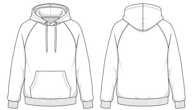 Raglan Sleeve Hoodie Mockup Vector Front and Back View White Hooded Sweatshirt Technical Drawing