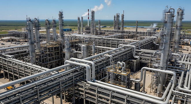 Industrial power plant with smokestack and pipelines