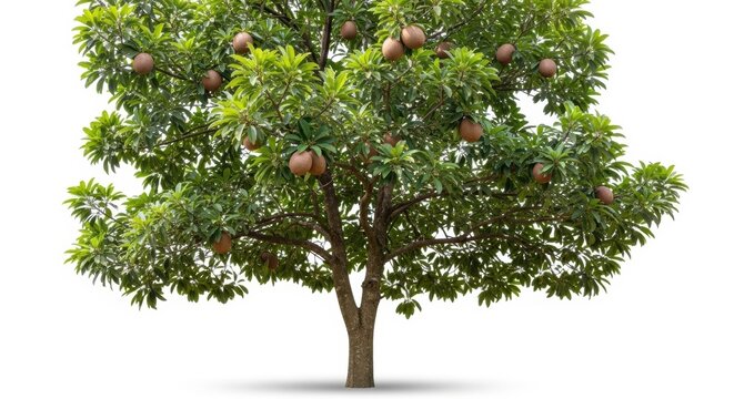 Tropical sapodilla tree with ripe brown fruit, lush green sapota plant isolated on white background, exotic manilkara zapota fruit tree for gardening