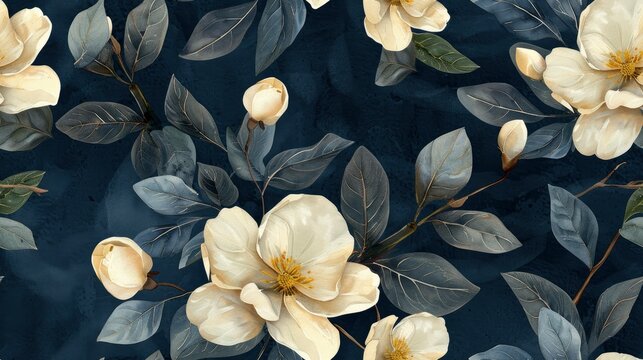 Jasmine botanical seamless pattern featuring hand-painted cream blossoms on midnight navy background for luxury textile and wallpaper design