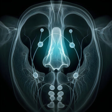 X-ray image of human skull, facial bones, and sinuses, medical scan, blue glow, transparent skeleton