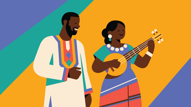 Illustration Of A Black Man And Woman Playing Traditional Stringed Instruments Vector Design Template