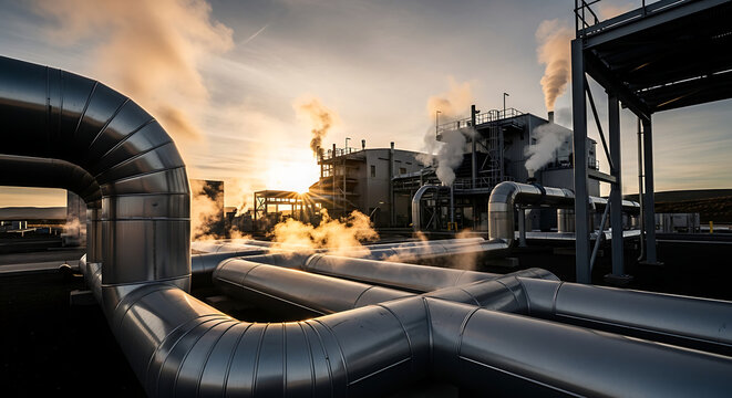 Industrial pipes with steam at sunset