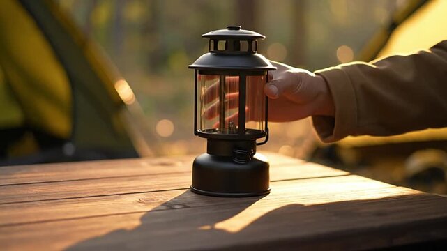 Close-up of a hand setting a vintage camping lantern on a rustic wooden table in an outdoor camp. Perfect for illustrating glamping, nature adventures, evening relaxation, and sustainable travel...