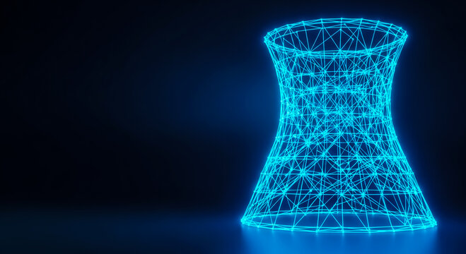 A futuristic 3D hyperbolic shape composed of interconnected glowing blue wireframe nodes, set against a dark background for a sci-fi effect.