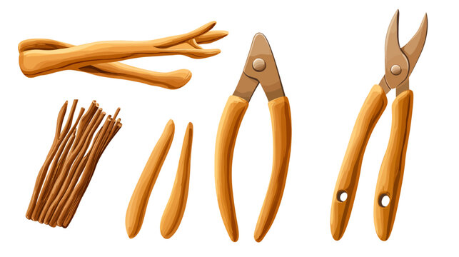 Artistic depiction of wooden tools with elements like twisted pieces and specialized scissors