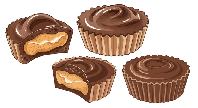 Delicious Chocolate Peanut Butter Cups, Sweet Treat, Dessert Food Illustration
