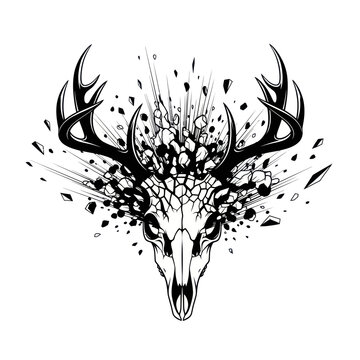 Exploding Deer Skull with Antlers, Grunge Graphic
