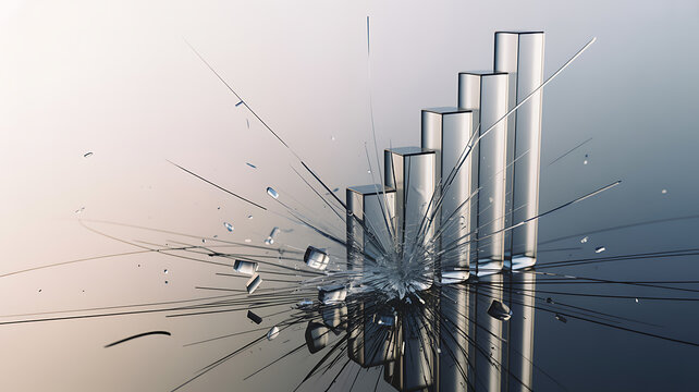 Abstract financial bar chart shattering into fragments with abstract shattered exploding fragments disruption business material background creative explosion vulnerability
