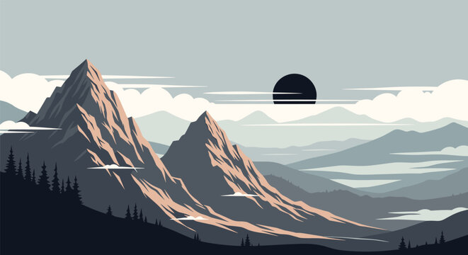 Majestic mountain range at sunset with pine trees and clouds shown in a beautiful retro pixel art style illustration.