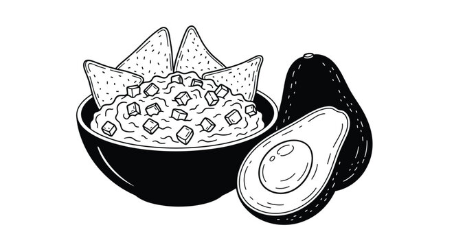 Black and white line art illustration of a bowl of guacamole with nacho chips and a whole and sliced avocado on the side.