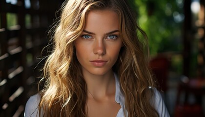Fototapeta premium A beautiful young woman with long hair and blue eyes smiling softly