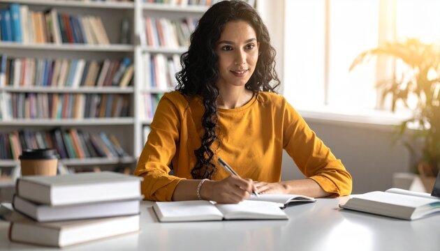 A young woman in a yellow shirt sits at a desk writing in a notebook surrounded by books in a library.
