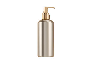 Obraz premium Cosmetic bottle light gold luxurious with dispenser and pump type lid isolated on cutout PNG or transparent background. Antimicrobial liquid gel. Hand hygiene. Liquid soap. Cleaning agent. 