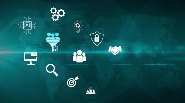 Lead Generation: Digital business virtual interface panel of digital device on global networking, automation, prospecting, analytics, conversion, and Motion graphics of global networking concept