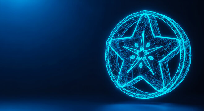 A glowing blue wireframe star sphere with intricate geometric patterns, floating on a dark background.