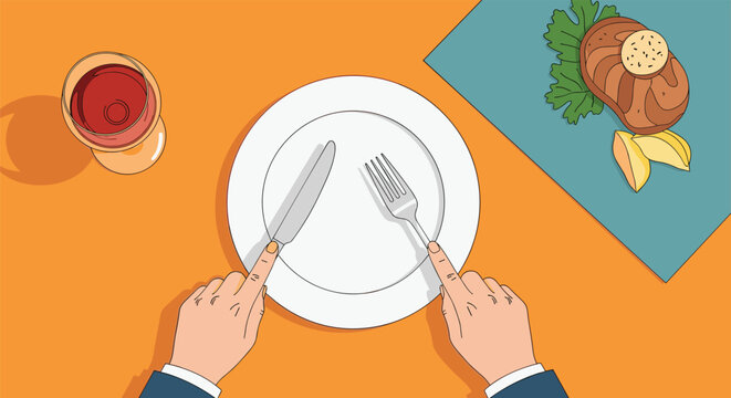 Top view of a person about to eat a steak dinner with a glass of red wine at a restaurant table in a flat illustration.