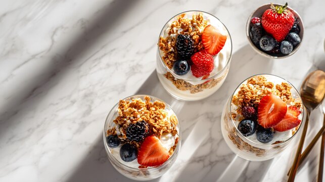 Upscale brunch flat lay with yogurt parfaits layered in glass cups, granola, and fruit arranged symmetrically on a light marble background, bright airy lighting