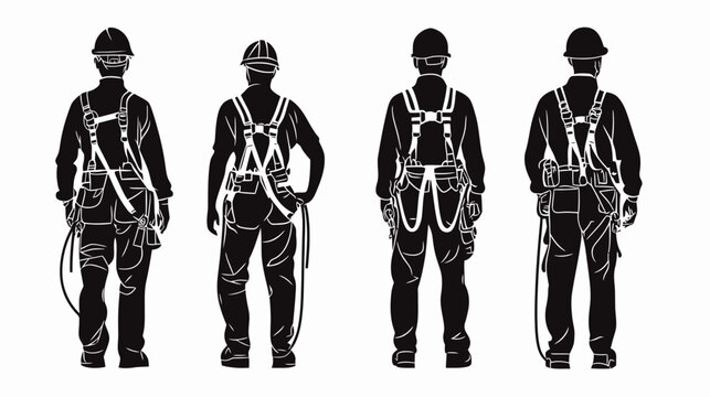 Silhouetted workers in safety gear and helmets from the rear, showing different stances