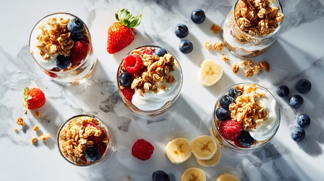 Upscale brunch flat lay with yogurt parfaits layered in glass cups, granola, and fruit arranged symmetrically on a light marble background, bright airy lighting