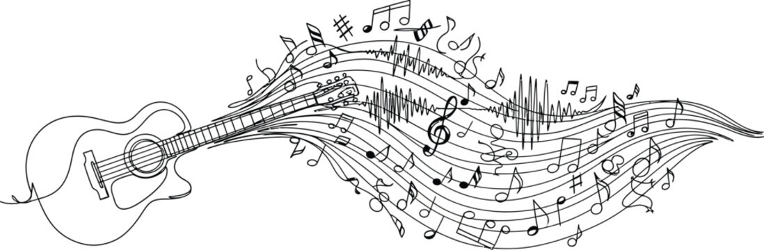Acoustic guitar illustration features a continuous line art drawing style merging seamlessly into flowing musical notes and abstract sound waves on a clean white background