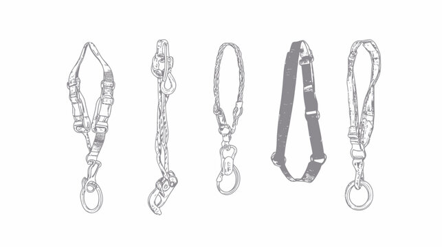 Black and white illustration of various harnesses with rings and hooks, set against a plain background