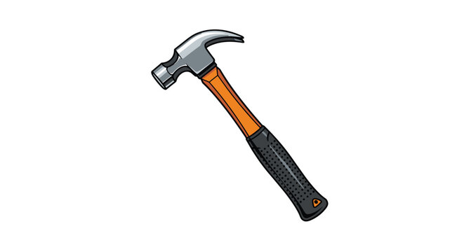 Classic claw hammer with a steel head and ergonomic orange and black rubber grip handle isolated on white.