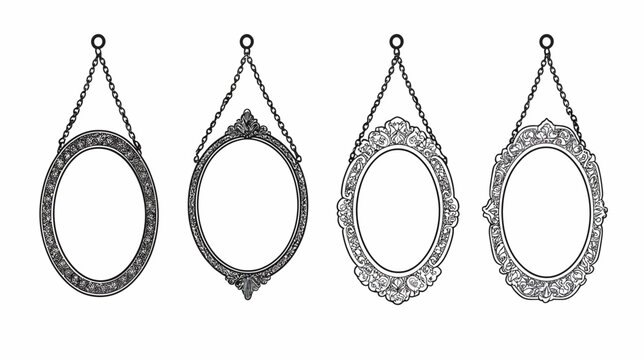 Four stylized oval frames, suspended from chains, with ornamental detailing. A vector graphic