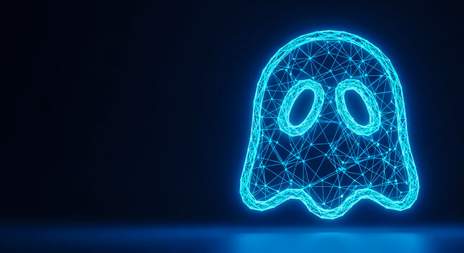 A stylized ghost icon rendered in blue neon light on a dark gradient background. The design features wireframe-like lines and a futuristic aesthetic.