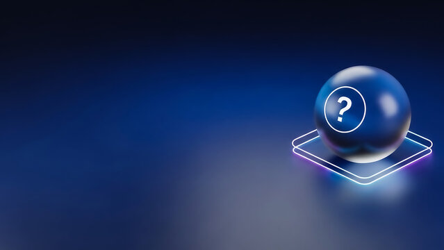 A glowing blue orb with a question mark symbol on a sleek, illuminated platform against a gradient blue background. Futuristic and minimalistic design.