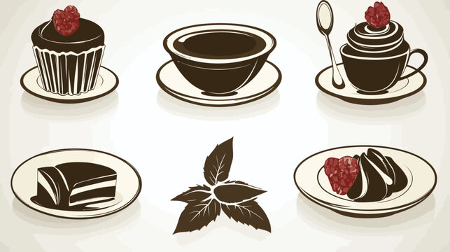 Illustration of assorted desserts with raspberries, cup, tea, and leaves, on plates