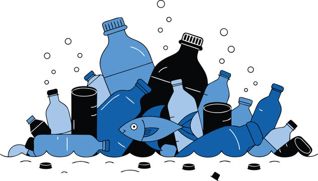Plastic bottles and cans polluting ocean water with dead fish illustration