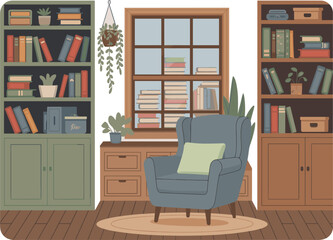 Cozy reading nook interior vector illustration, with armchair bookshelves window plants and warm home decor © Md